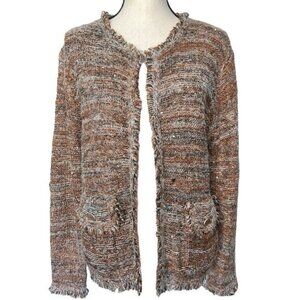 Sioni Womens Open Front Brown White Frayed Hem Textured Cardigan w/ Sequins